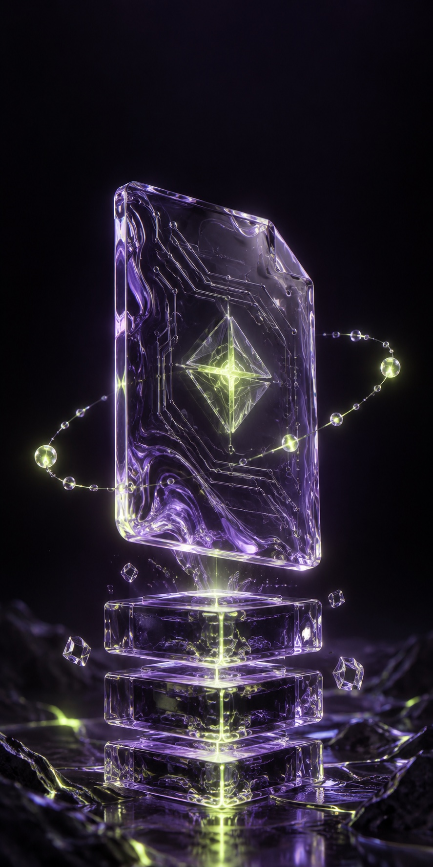 Cryptographic receipt with a glowing seal above glass blockchain blocks